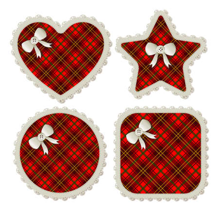 A collection of four plaid sewing patches in heart, star, circle and square shapes のイラスト素材