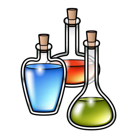 Illustration of three cartoon potion bottles with different colored liquids inside.のイラスト素材