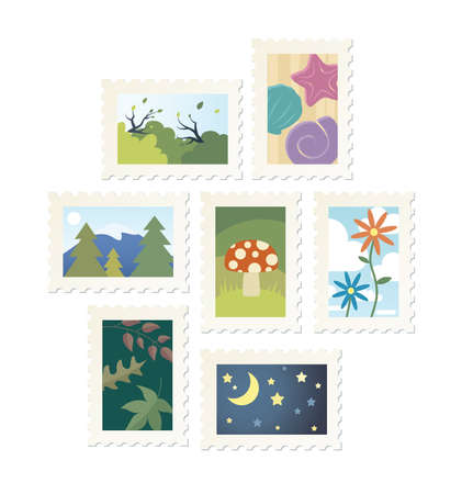 Collection of 9 nature postage stamp designs.のイラスト素材