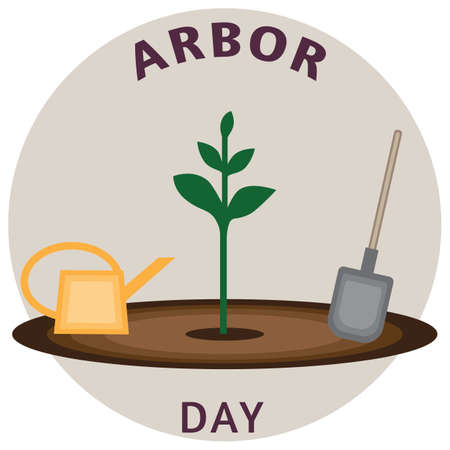 Vector illustration for arbor day; Seedling, watering can and shovelのイラスト素材