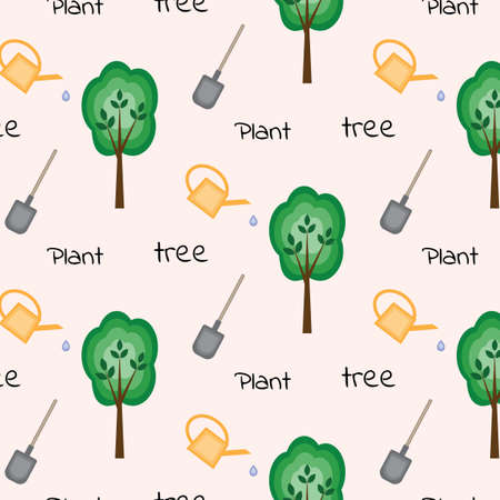 Seamless pattern with wood, shovel, watering can and words plant a treeのイラスト素材