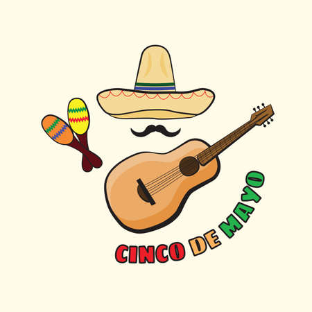 Vector illustration of Cinco de Mayo celebration background. Guitar, whiskers, maracas; sombrero. Mexican Holidayのイラスト素材