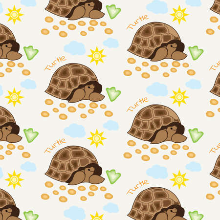 Seamless pattern turtle on a background of grass and skyのイラスト素材