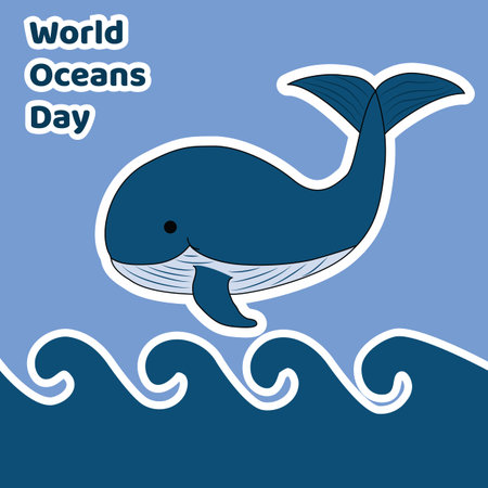 Illustration of world oceans day. Iinscription   and a whale on the waves. Vector. Flat styleのイラスト素材