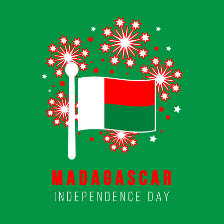 Independence day of Madagascar. Greeting card. Flag and fireworks on a green background. Vector illustrationのイラスト素材