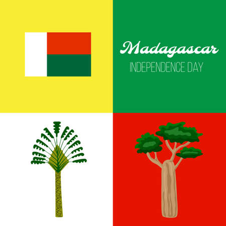 Independence day of Madagascar. Greeting card. Flag, baobab tree and ravenala. Vector illustrationのイラスト素材