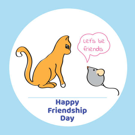 Greeting card for Friendship Day. Vector illustration of cat and mouse in a cartoon style.のイラスト素材