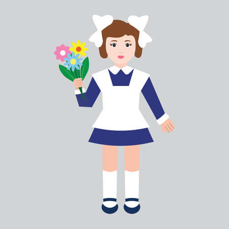 First grader girl with flowers in retro school uniform.  Flat style, vector illustrationのイラスト素材