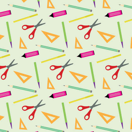 Seamless pattern of school supplies. Scissors; pencil; pen; marker; ruler triangleのイラスト素材