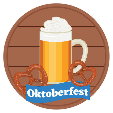 Oktoberfest beer festival. Vector illustration of a beer mug, pretzel.のイラスト素材