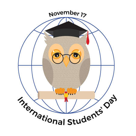 International students ' day. Owl in a graduation cap and a scroll in his paws.のイラスト素材