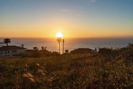 Sunset from Tenerife. On the horizon is the Atlantic Ocean, with two palm trees and houses in the foreground.の写真素材