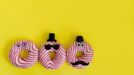 Funny donuts with funny eyes, hats and mustaches on yellow background, creative sweets concept with copy spaceの写真素材