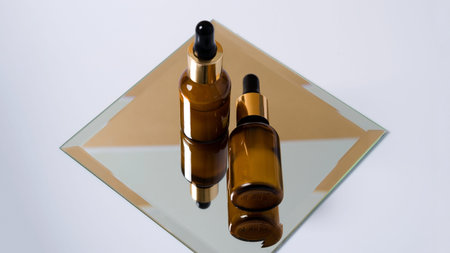 The serum in the brown glass bottle stands on a square mirror with reflection. A natural means of...