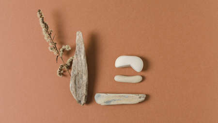 Natural material - stones, wood, dry grass on a beige background. The concept of a layout to demonstrate a cosmetic natural product with a flat layout and copying of spaceの写真素材