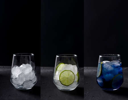 Collage of making a cold blue cocktail. A glass of ice, added lemon and a ready blue drink.の写真素材