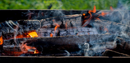 Burning wood in a barbecue grill. Open fire, flames, smoke from burning firewood in nature