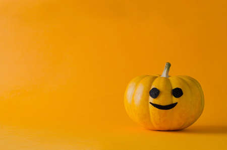 Hello autumn. Minimalist Halloween background. Funny orange pumpkin on an orange background, monochrome, copying spaceの写真素材