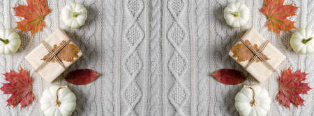 Autumn pumpkin harvest, thanksgiving gifts on a knitted warm background, banner, copying spaceの写真素材