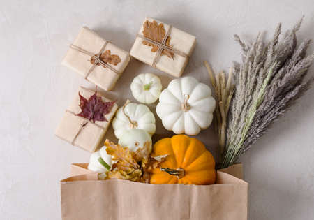 Gifts in kraft paper, pumpkins, autumn dry herbs and leaves in a paper bag on a beige background, copying spaceの写真素材