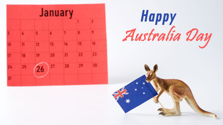 Australia Day on January 26 or Anzac Day, kangaroos with the flag of Australia on a white background and the inscription Happy Australia Day.の写真素材