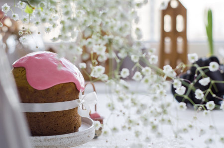 Spring Easter composition on the table. Homemade Easter cake with Easter attributes, vertical...