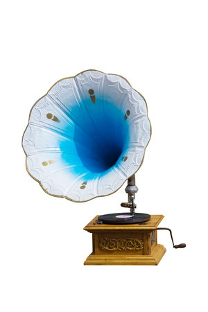 photo of retro gramophone with disc isolated over white backgroundの写真素材