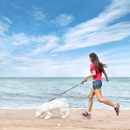 Young beautiful asian woman walking with dog near seaの写真素材