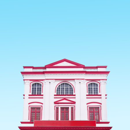 Abstract architecture details of last century historical downtown building isolated on blue skyのeditorial素材
