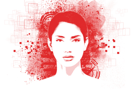 Abstract art portrait of young woman with Stencils  posterize print effectの写真素材
