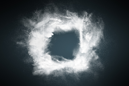 Abstract design of dust explosion frame background. Powder particles sprayed over dark backdropの写真素材