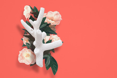 Abstract design of coral with flowers decor over trend of 2019 color trend living coral backgroundの写真素材