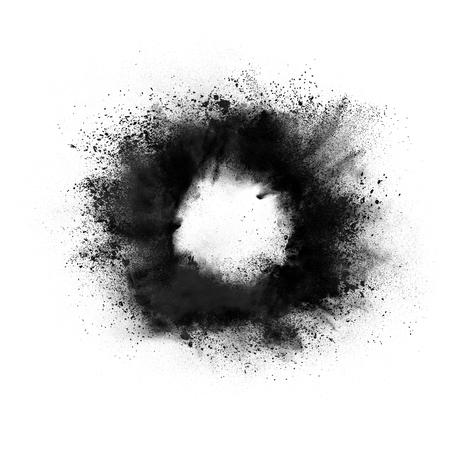 Abstract design of dark powder particles explosion isolated over white backgroundの写真素材