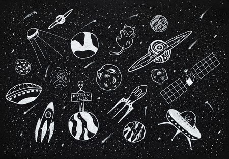 Hand drawn cartoons collection of outer space objects set design over black backgroundの写真素材
