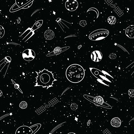 Seamless Collection of cartoons outer space objects set design over black backgroundのイラスト素材