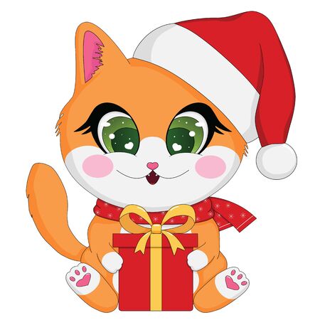 Cute cartoon holiday vector illustration of ginger baby cat with christmas gift boxのイラスト素材
