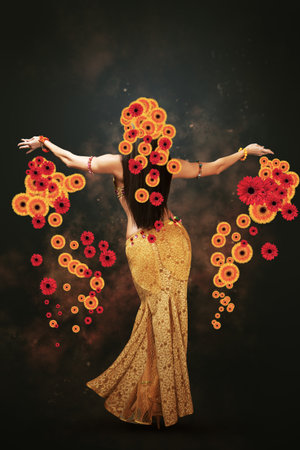 Abstract contemporary art collage portrait of young woman with flowersの写真素材