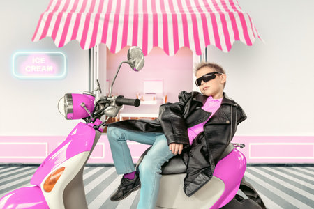 Boy dreaming about his own motorcycle and posing on pink scooterの写真素材
