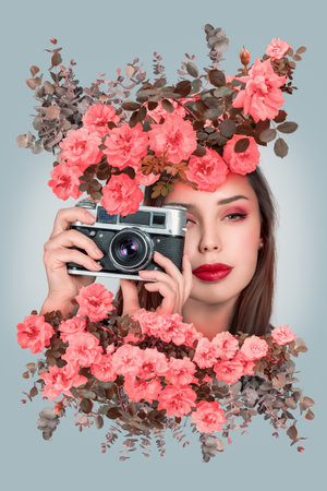 A happy young woman captured in a moment of joy, taking a picture with a vintage film camera. The picture is composed on a neutral background, making it ideal for projects related to happiness, vintage aesthetics, surreal art, and floral-themed designsの写真素材
