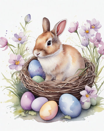 Watercolor Easter Greeting: Rabbit, Flowers, Eggsの素材