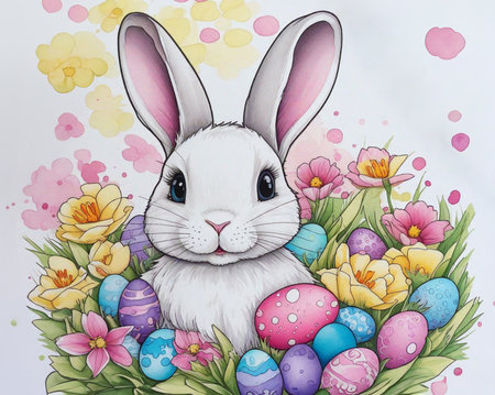 Watercolor Easter Greeting: Rabbit, Flowers, Eggsの素材