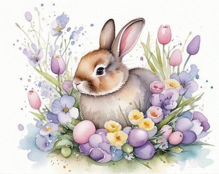 Watercolor Easter Greeting: Rabbit, Flowers, Eggsの素材