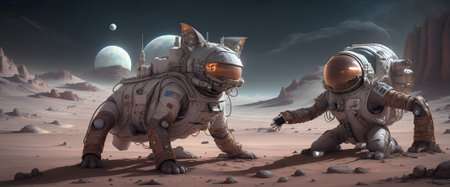 An adorable illustration of a cute cat wearing an astronaut space suit exploring an extraterrestrial planet. This playful and imaginative image combines animals, space exploration, and whimsical fantasy.の素材