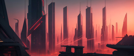 Panoramic view of futuristic city skyline cityscape. Ethereal skyscrapers, towers, tall buildings. Illustrated Science fiction Megapolis wide panoramaの素材