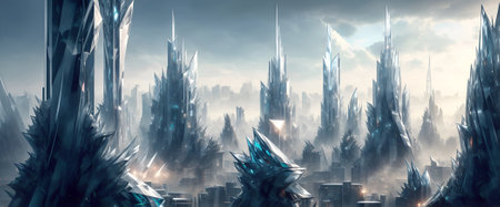 Panoramic view of futuristic city skyline cityscape. Ethereal skyscrapers, towers, tall buildings. Illustrated Science fiction Megapolis wide panoramaの素材
