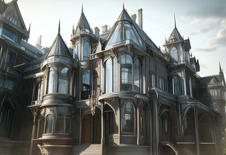 A surreal fantasy design of luxurious house mixed with Victorian style. Ideal for showcasing upscale real estate, vacation destinations, and modern living. Perfect for conveying the allure of luxurious accommodations.の素材