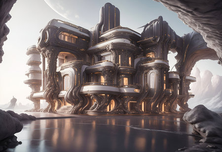 A surreal fantasy design of luxurious house futuristic mixed with Victorian style. Ideal for showcasing upscale real estate, vacation destinations, and modern living. Perfect for conveying the allure of luxurious accommodations.の素材