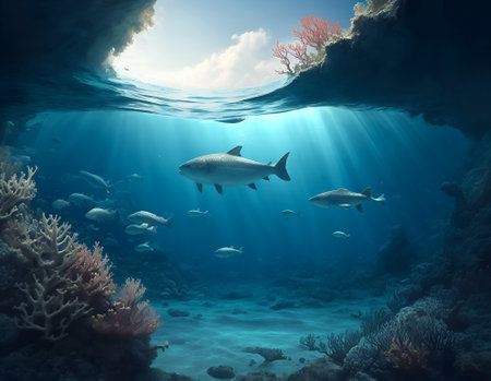 A vibrant underwater scene showcasing a thriving coral reef with diverse fish species. Perfect for illustrating marine life, aquatic ecosystems, scuba diving, and underwater exploration.の素材