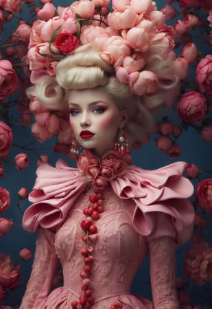 Fashion portrait of a young woman surrounded by exotic flowers, showcasing a blend of baroque and rococo styles. Ideal for fashion concepts, floral arrangements, beauty, elegance, and artistic designs.の素材