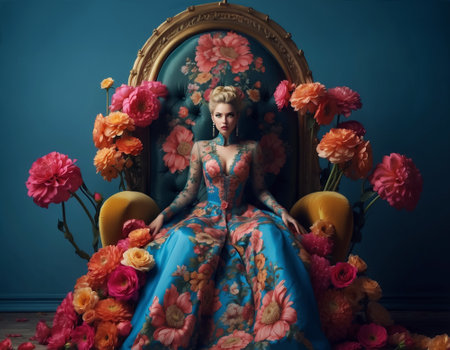 Fashion portrait of a young woman surrounded by exotic flowers, showcasing a blend of baroque and rococo styles. Ideal for fashion concepts, floral arrangements, beauty, elegance, and artistic designs.の素材